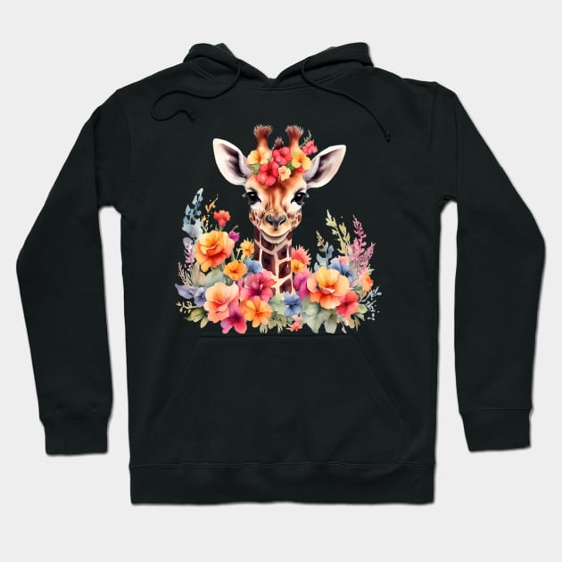 A giraffe decorated with beautiful watercolor flowers Hoodie by CreativeSparkzz